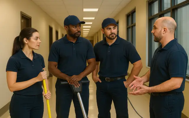 Team of floor care professionals discussing a project in a modern office building Custom 1